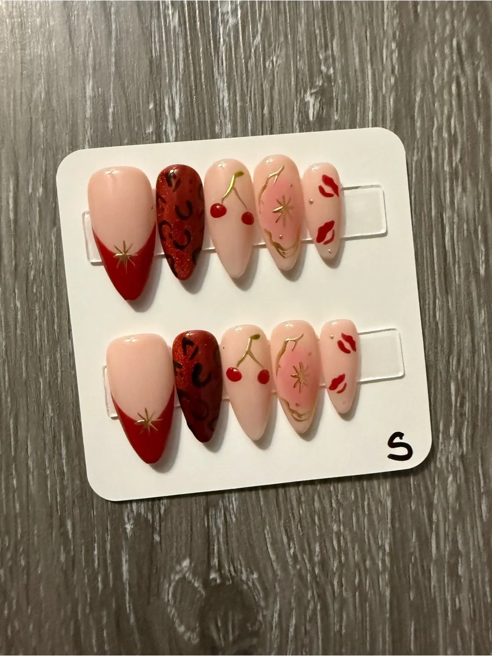 Chic Pink & Red Press-On Nail Set with Cherry and Kiss Accents